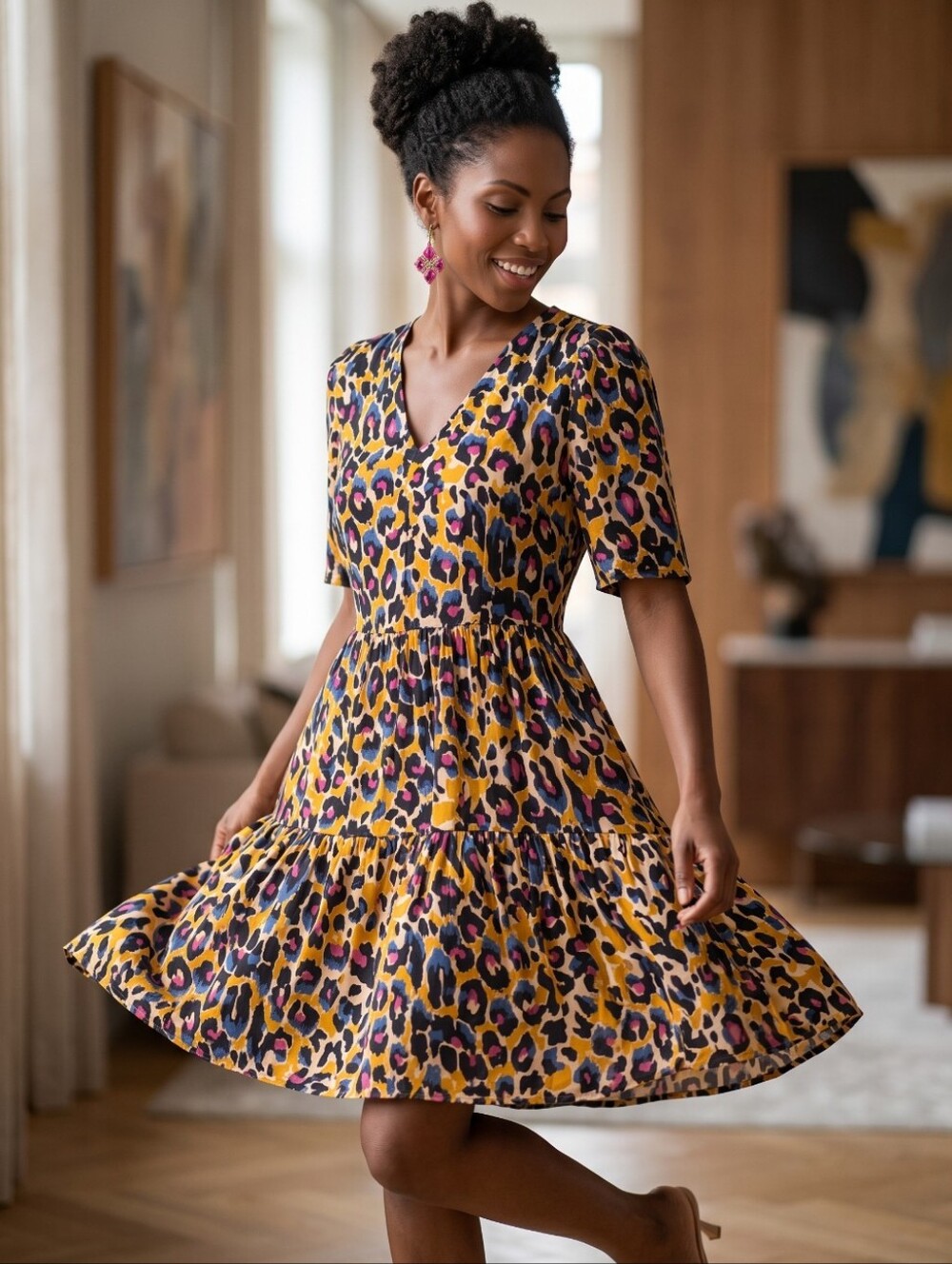 Jade Melody Tam Cheetah Print V-Neck Tiered Dress